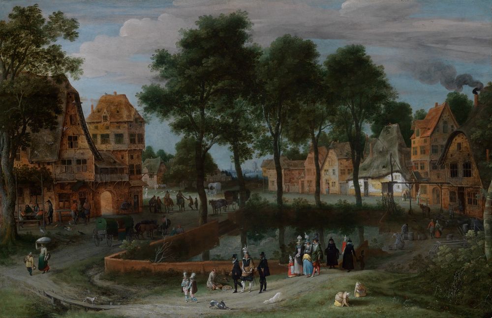 Adriaen van Stalbemt - Ein Dorfplatz mit städtischen Besuchern