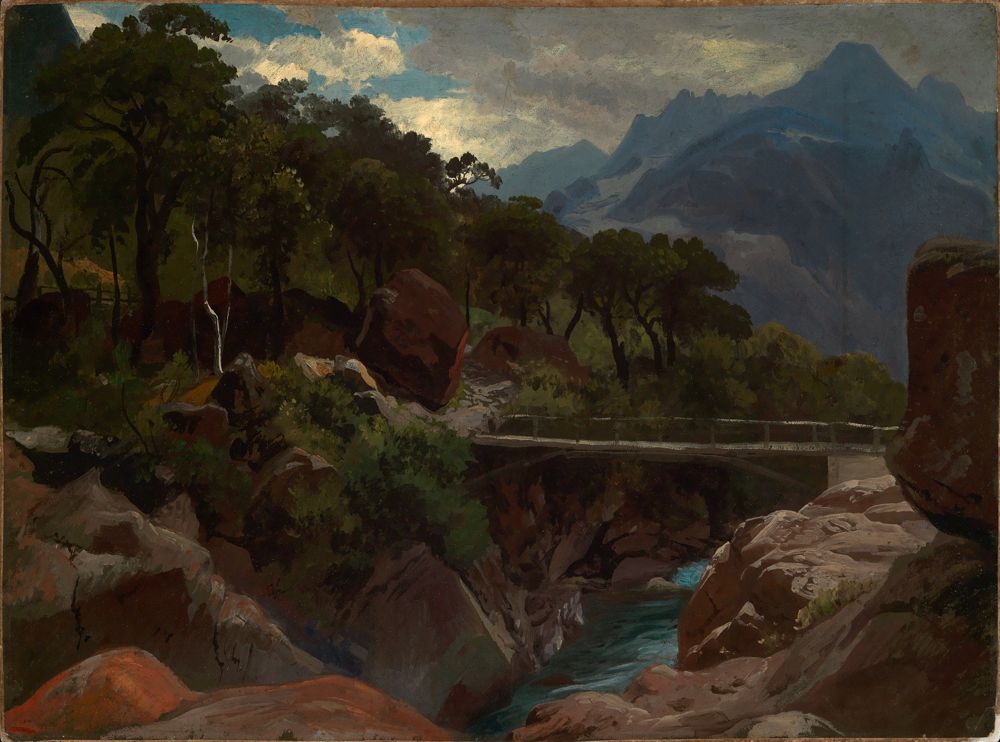 Johann Wilhelm Schirmer - Schweizer Gebirgsfluß mit Steg