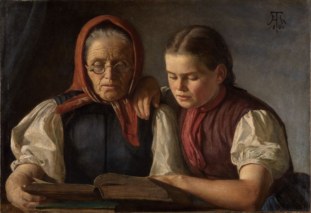 Hans Thoma - Mutter und Schwester des Künstlers, in der Bibel lesend