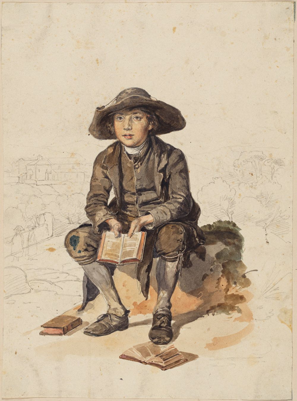 Johann Baptist Kirner - Junge mit breitkrempiger Kopfbedeckung, vor einer Landschaft sitzend und ein aufgeschlagenes Buch haltend