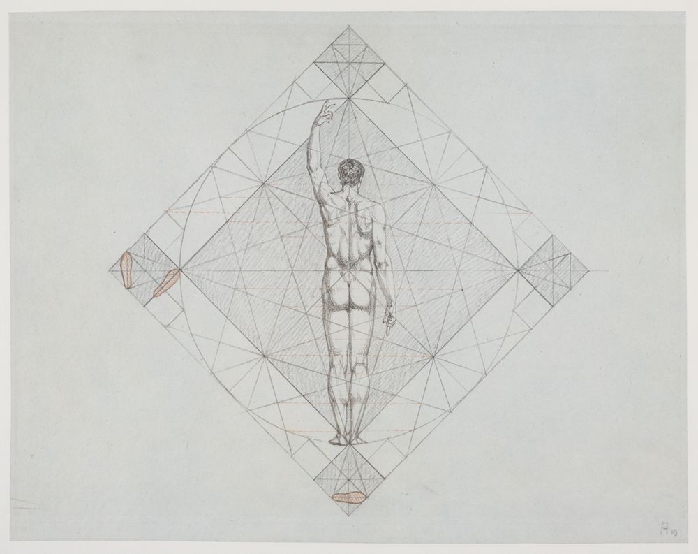 Philipp Jakob Becker - Proportionsstudie: Rückenansicht eines stehenden nackten Mannes mit erhobenem linken Arm (Menschliche anatomische Studien und Aktstudien, Blatt 1)