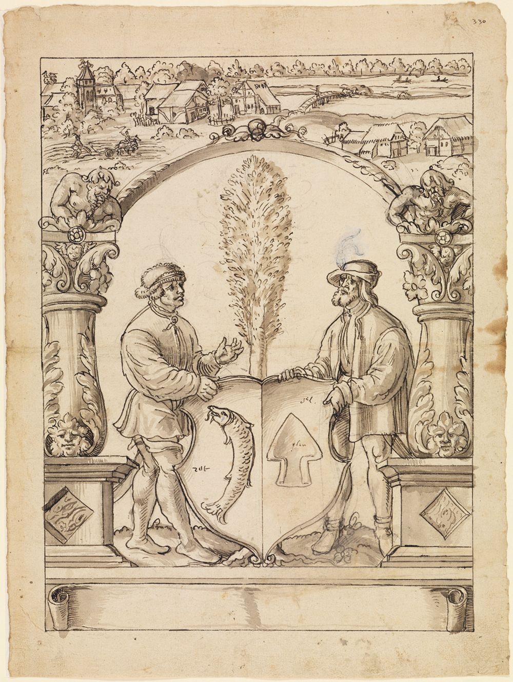 Anonym (16. Jh. D) - Riss mit Fischer und Bauer als Schildhalter und nicht identifiziertem Wappen, im Oberbild Flusslandschaft mit Dorf und Gehöften