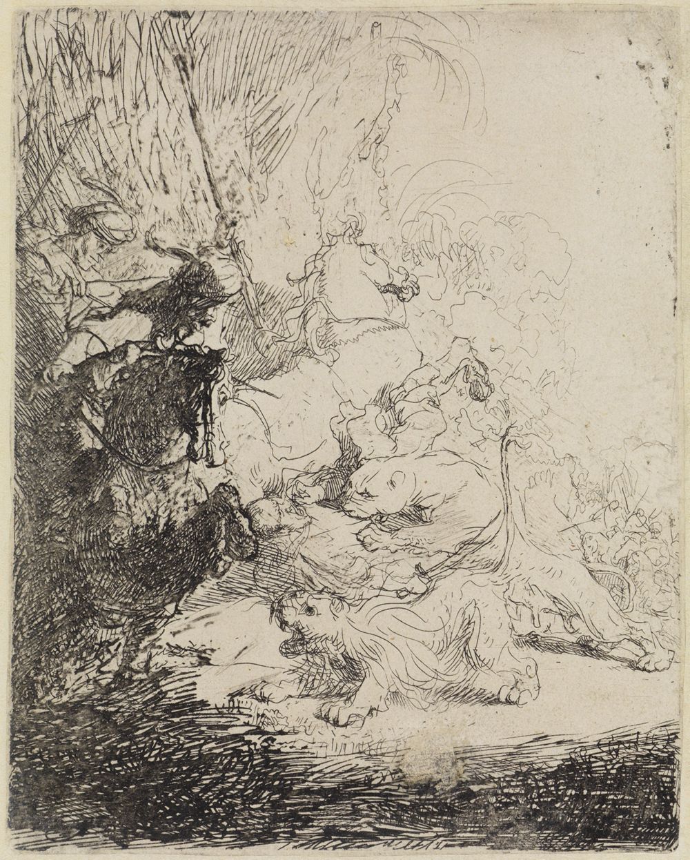 Rembrandt Harmensz. van Rijn - Die kleine Löwenjagd (mit zwei Löwen)