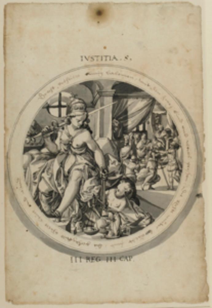 Christoph Murer (Umkreis) - Riss für Rundscheibe mit Justitia, im Hintergund das Urteil Salomons