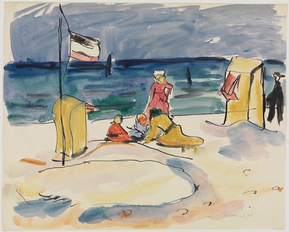 Das Aquarell von Erich Heckel zeigt eine Gruppe von Menschen an einem Strand, einige sitzen andere stehen oder liegen.