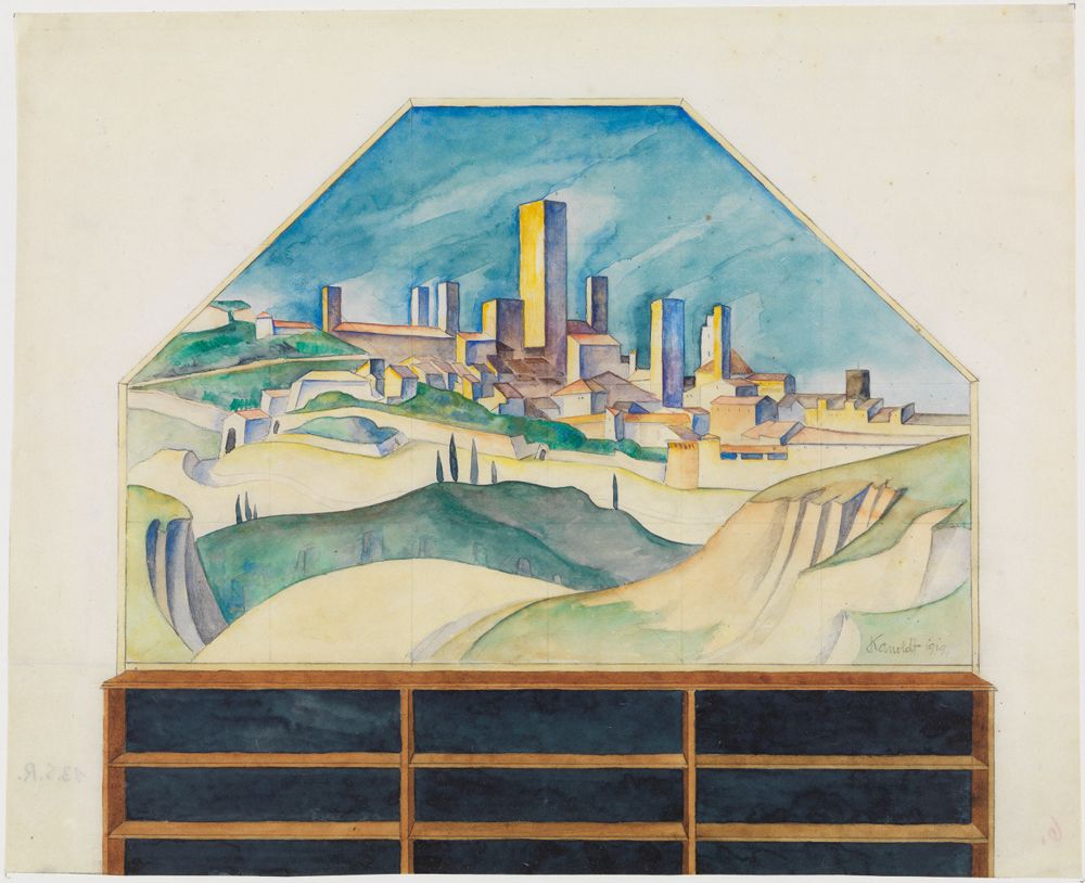 Das Aquarell zeigt eine schöne Stadt mit eleganten Gebäuden. Die Architektur ist detailreich und stilvoll.