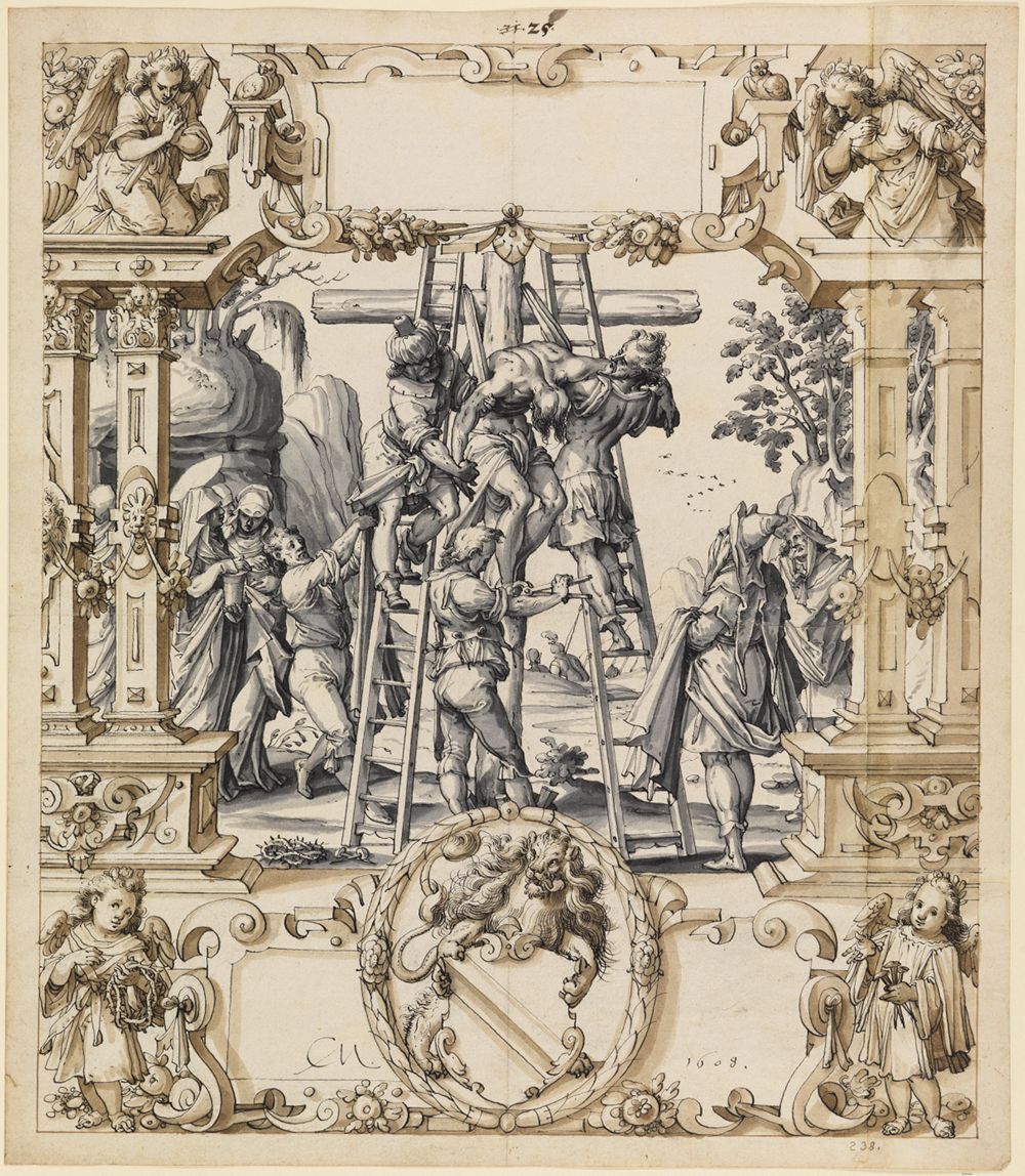 Christoph Murer - Riss mit der Kreuzabnahme, darunter das Wappen Straßburg