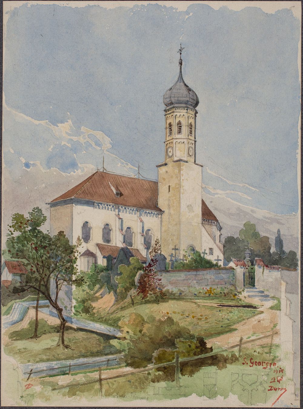 Josef Wilhelm Durm - Blick von Südwesten auf die Kirche in St. Georgen am Ammersee mit Eingang zum Kirchhof (Kirchen und Landschaften aus Bayern)