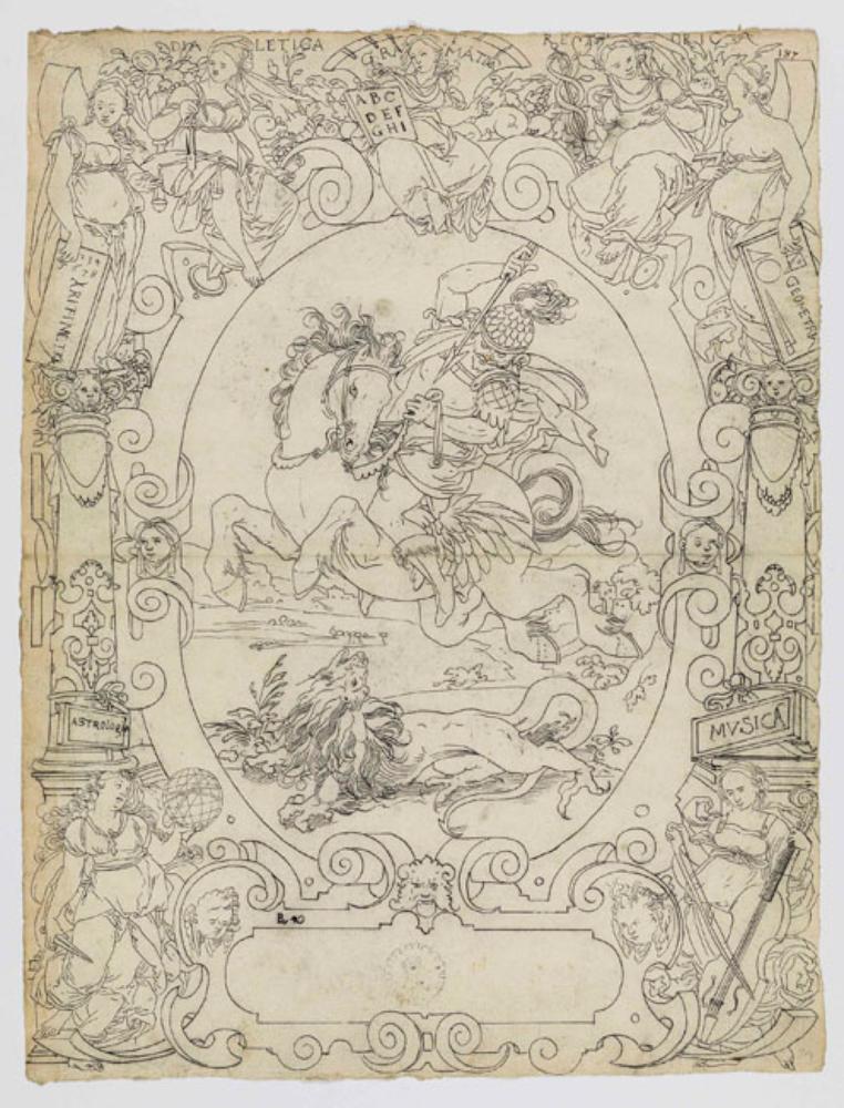 Bartholomäus Lingg - Riss mit dem Hl. Georg im Kampf gegen den Drachen, eingerahmt von den Sieben Freien Künsten