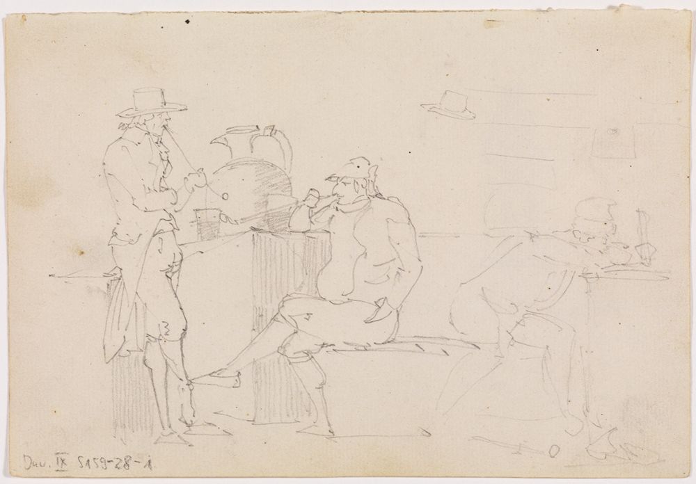 Friedrich Weinbrenner(?) - Skizzenbuchblatt (verso: Drei Männer in Kostümen des späten 18. Jh. in einer Osteria)