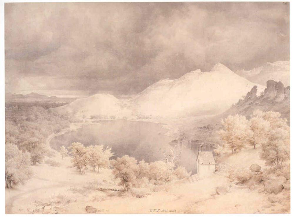 Carl Friedrich Lessing - Vulkanischer Berg mit See, Wald und Heiligenhäuschen