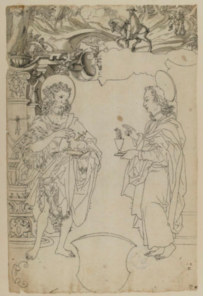 Bartholomäus Lingg (zugeschrieben) - Riss mit dem Hl. Johannes d. Täufer und dem Hl. Johannes d. Evangelist, darunter leerer Wappenschild, im Oberbild Reiter