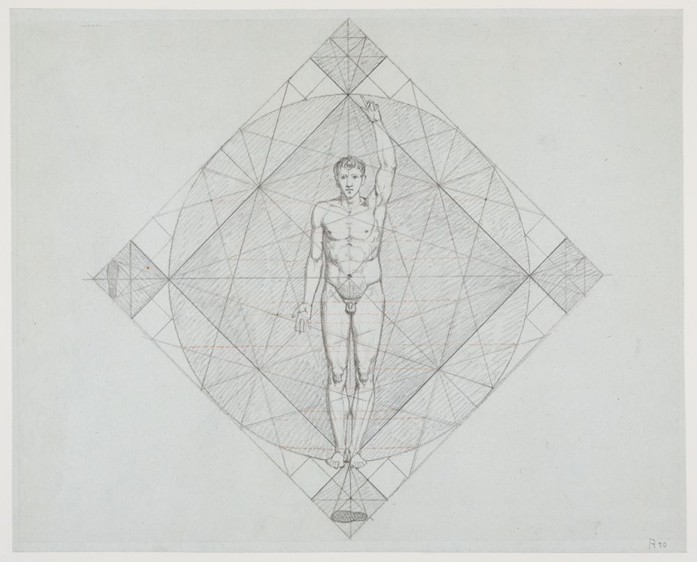 Philipp Jakob Becker - Proportionsstudie: Vorderansicht eines stehenden nackten Mannes mit erhobenem linken Arm (Menschliche anatomische Studien und Aktstudien, Blatt 2)