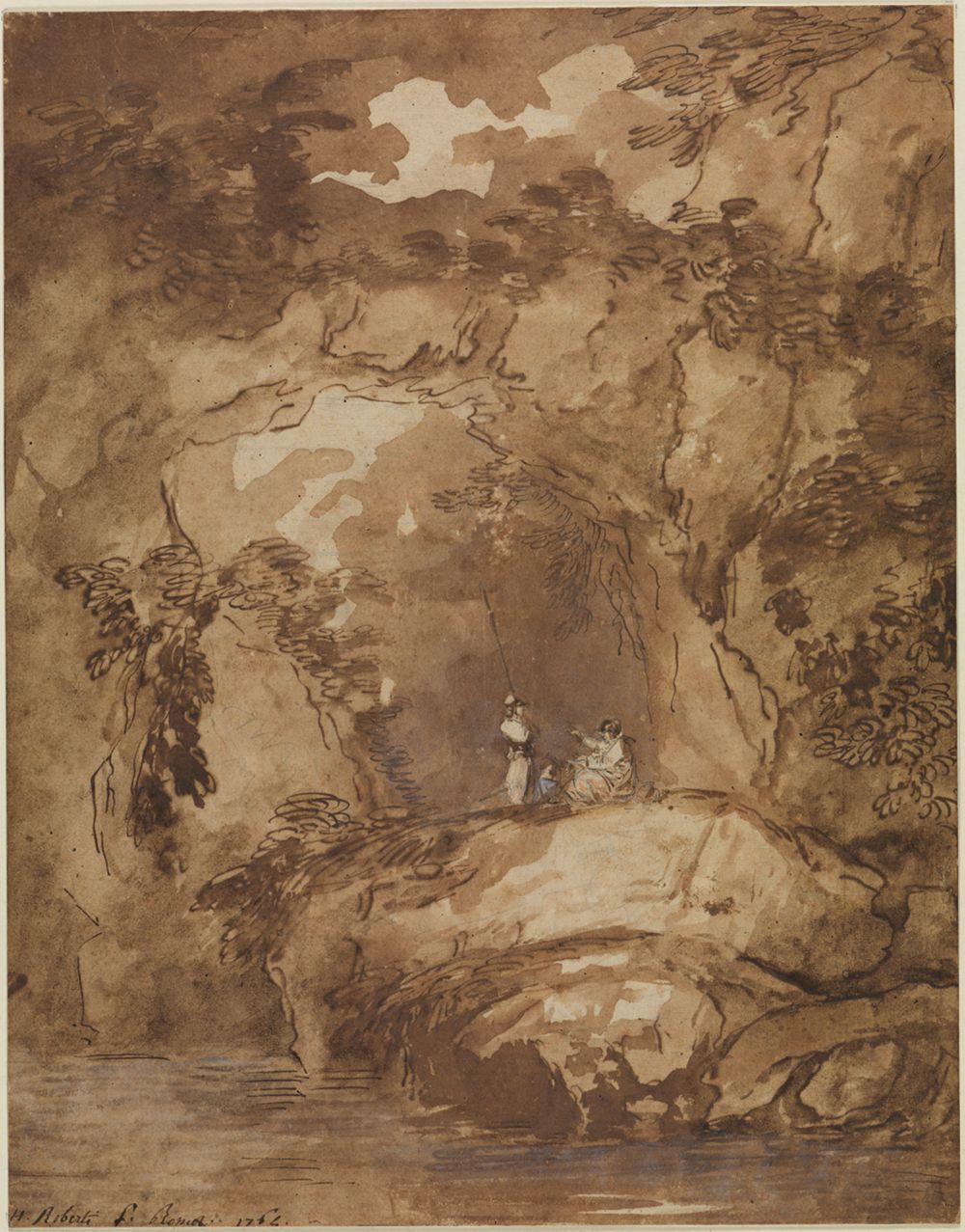 Hubert Robert - Felshang mit Grotte und Soldaten über einem Gewässer