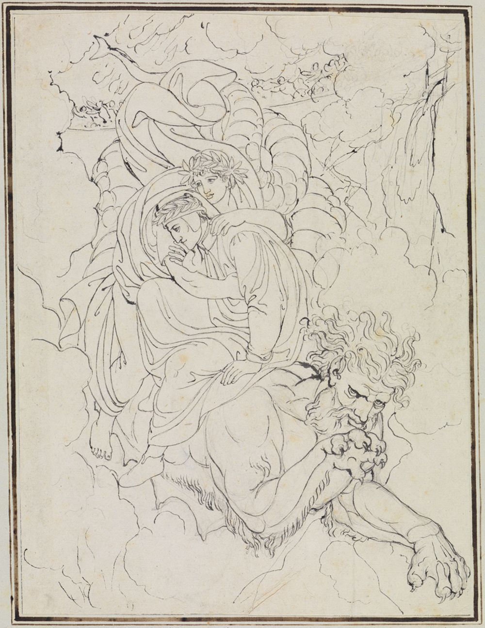 Das Bilt zeigt Dante und Virgil auf dem Rücken von Geryon, einem furchterregenden Wesen mit einem Menschenkopf, einem Schlangenleib und Flügeln.