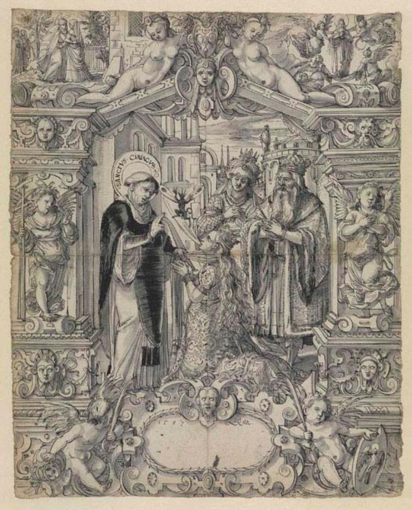 Daniel Lindtmayer (1552) - Riss mit dem Hl. Cyriakus, der die Tochter des Kaisers Diokletian heilt, flankiert von Fides und Spes, im Oberbild Heimsuchung und Himmelfahrt Mariae