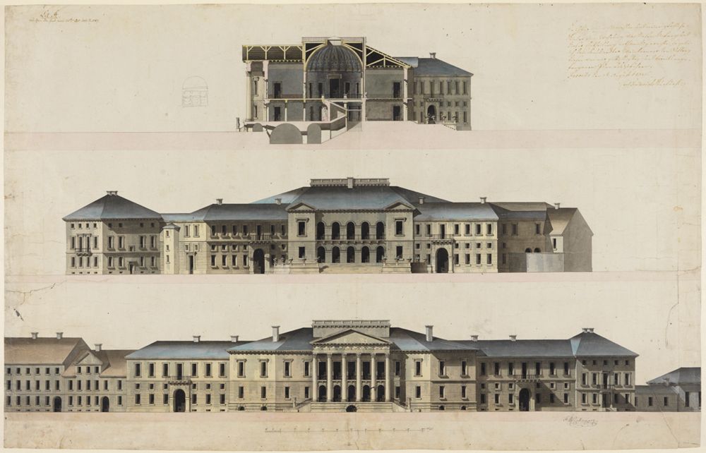 Friedrich Weinbrenner (1766) - Plan zum Markgräflichen Palais: Schnitt, Gartenfront, Fassade