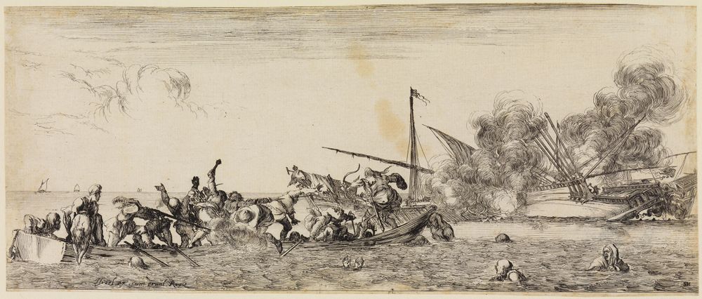 Stefano Della Bella - Frieden und Krieg (Et pace et bello): Seeschlacht mit Ruderboot im Vordergrund