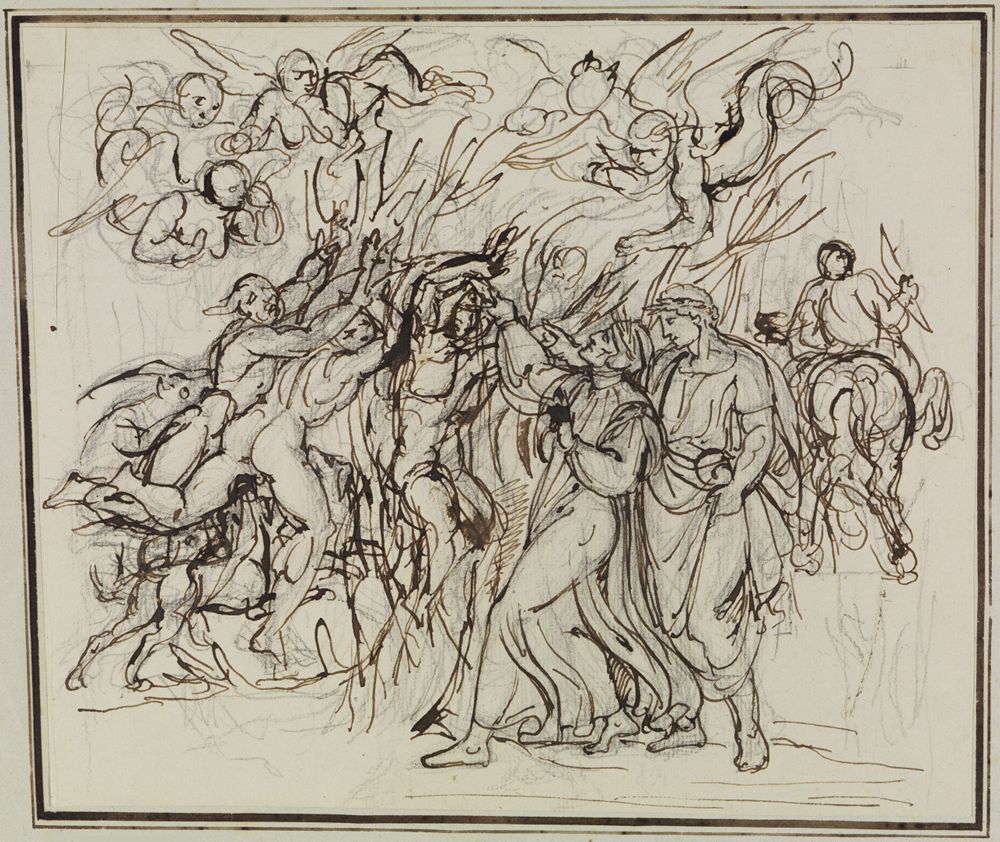 Koch zeigt Dante und Virgil in einem düsteren, unheimlichen Wald. Die Bäume sind verdreht und wirken lebendig. Sie stellen die Seelen der Selbstmörder dar.