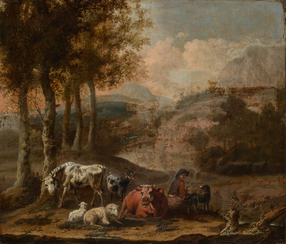Adriaen van de Velde - Nachfolger - Hirte mit Rindern, Ziegen und Schafen in Landschaft
