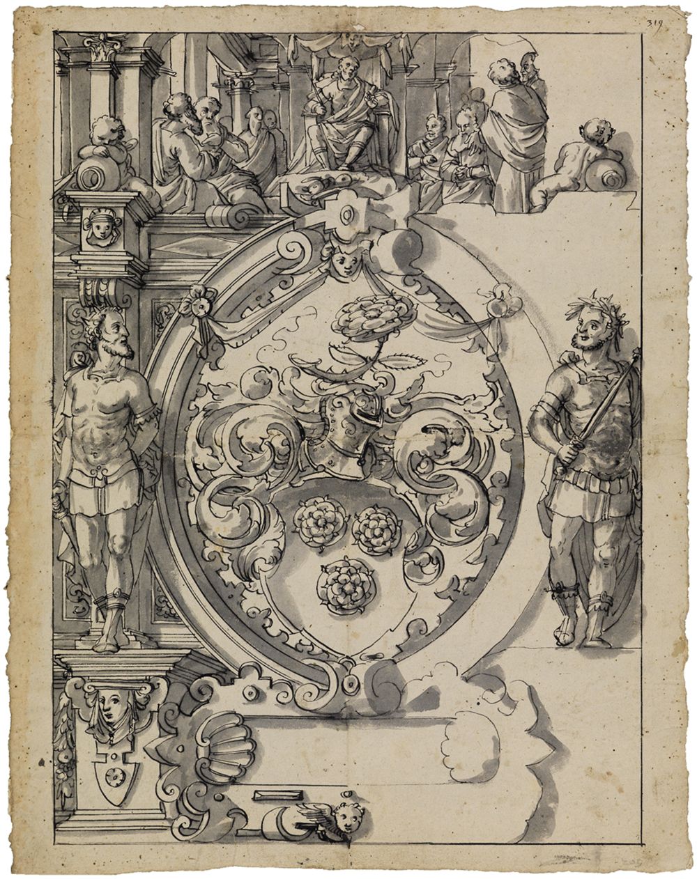 Hans Jakob Plepp (zugeschrieben) - Riss mit Wappen Iselin, flankiert von Epaminondas und Appius Claudius Caecus, im Oberbild Urteil des Kambyses