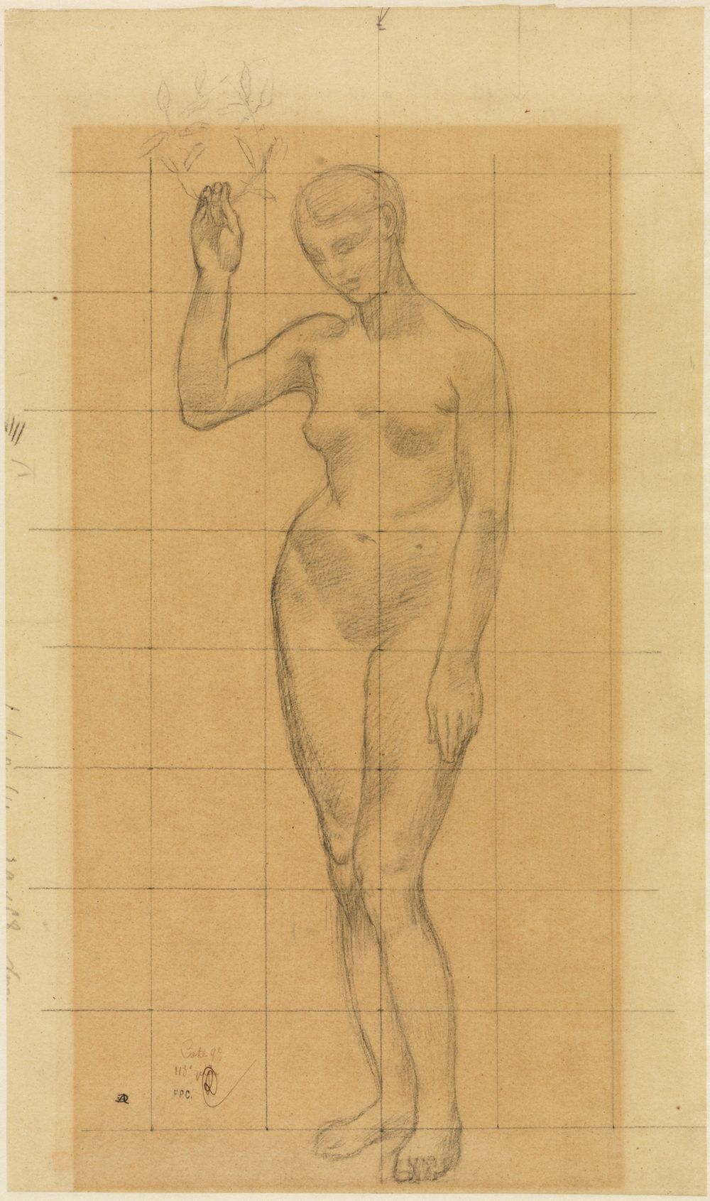 Pierre Puvis de Chavannes - Stehender Frauenakt, schräg nach links, einen Kranz in der erhobenen Rechten