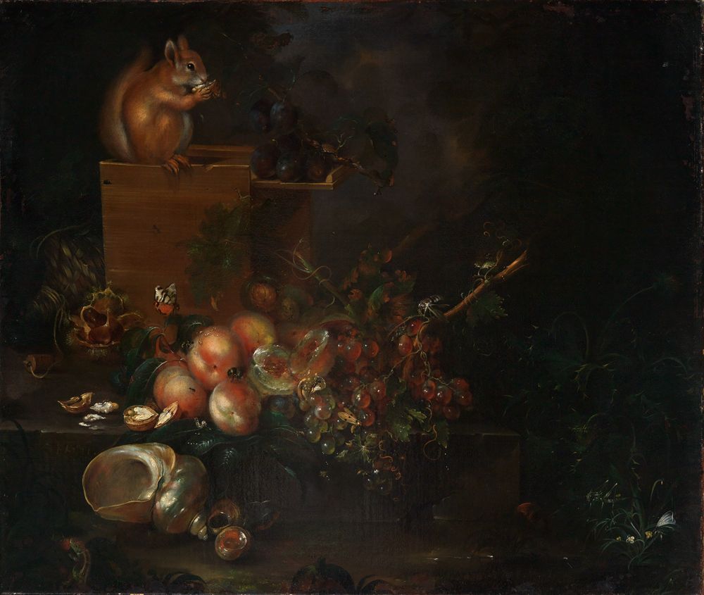 Catharina Treu - Fruchtstillleben mit Muschel und Eichhörnchen