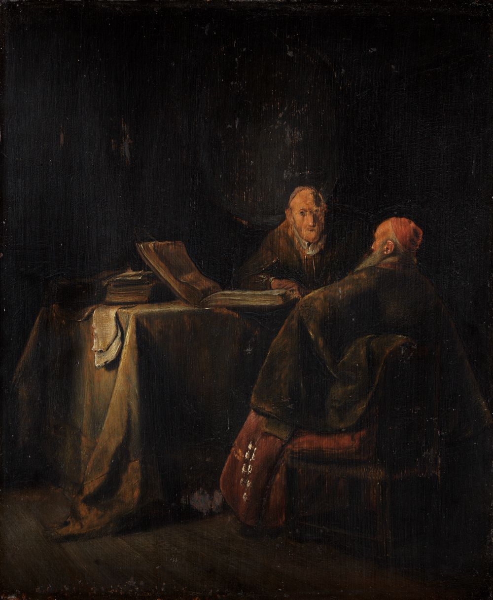<p>Das Bild aus der Schule Rembrandts zeigt zwei ältere Männer, die in einem dunklen, gemütlichen Raum an einem Tisch sitzen. Einer liest ein großes Buch, während der andere aufmerksam zuhört.</p><p></p>