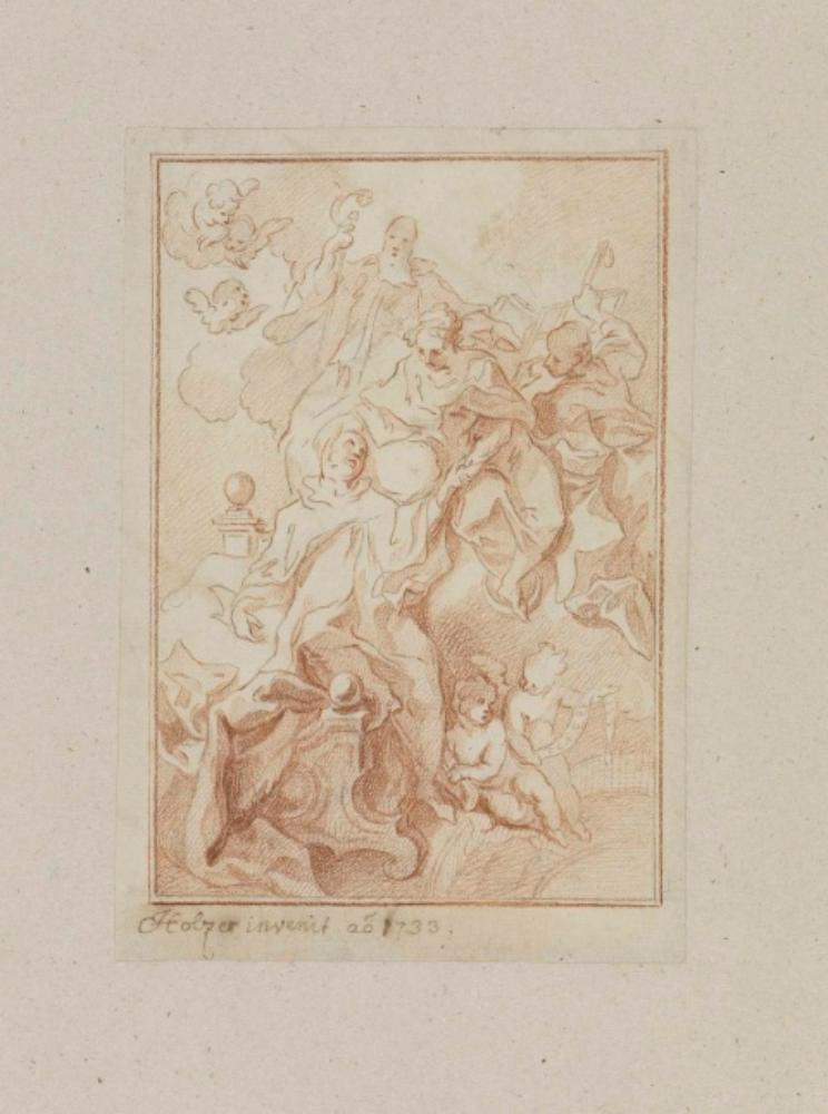 Johann Evangelist Holzer - Sterbebild mit Maria auf der Mondsichel und den Heiligen Laurentius und Benedict