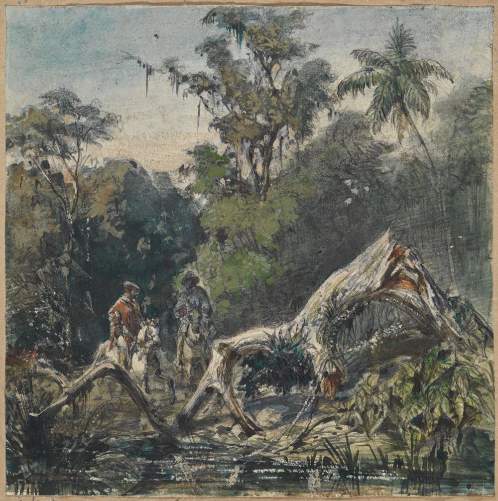 Ferdinand Keller - Zwei Reiter am Flussufer mit einem geborstenen Ast