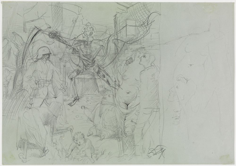 Otto Dix - Triumph des Todes, rechts Teilstudien dazu