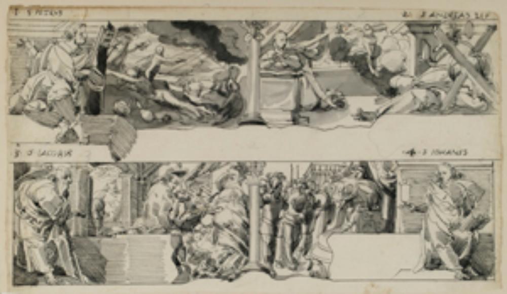 Niklaus von Riedt (zugeschrieben) - Zwei Entwürfe für Oberbilder mit Aposteln und Szenen aus dem Alten und Neuen Testament