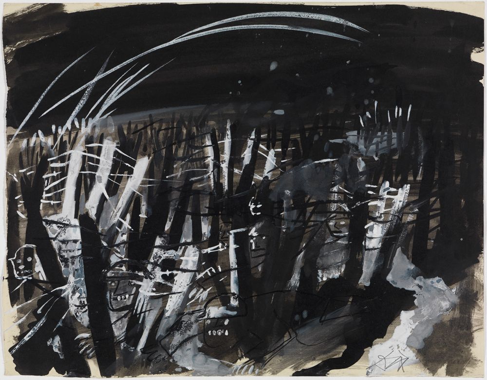 Auf der Zeichnung von Otto Dix sind Soldaten abgebildet, die sich nachts durch eine verworrene stacheldrahtige Barriere bewegen.