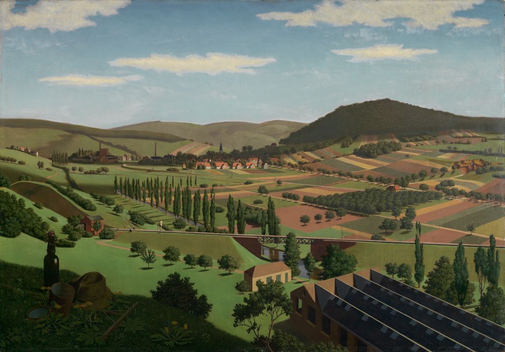 Das Ölgemälde zeigt eine weite , ruhige Landschaft mit Feldern, Bäumen und Häusern.