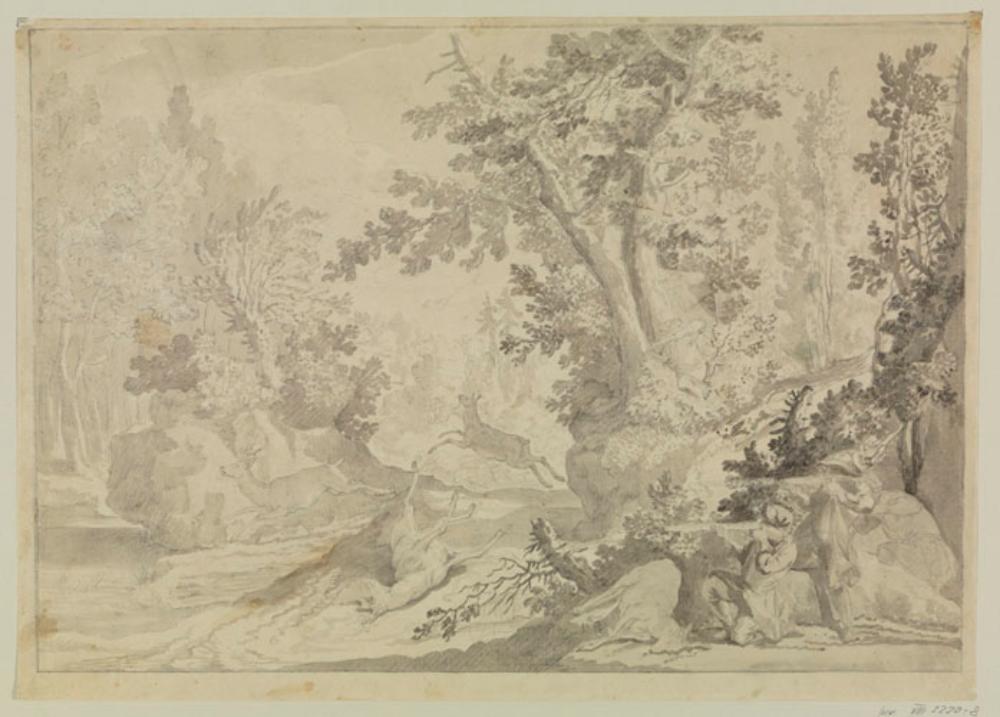 Johann Elias Ridinger - Jagd auf Rotwild, rechts drei Jäger