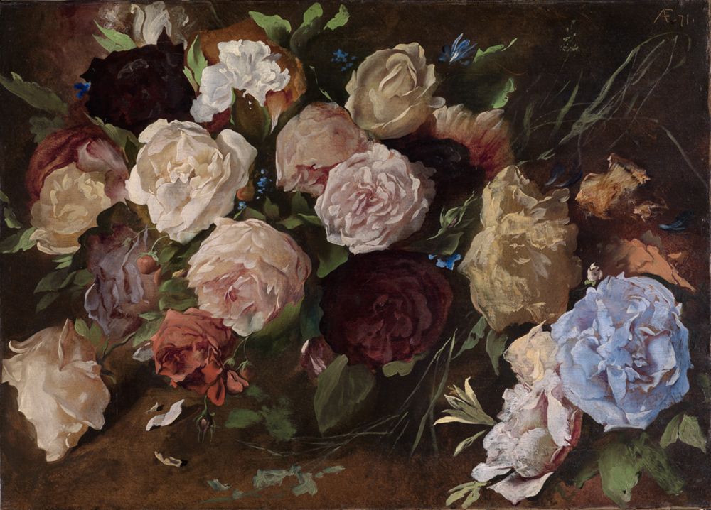 Auf dem Gemälde von Anselm Feuerbach sind viele Blüten, überwiegend Rosen und Pfingstrosen, in verschiedenen hellen und dunklen Farbtönen dargestellt.
