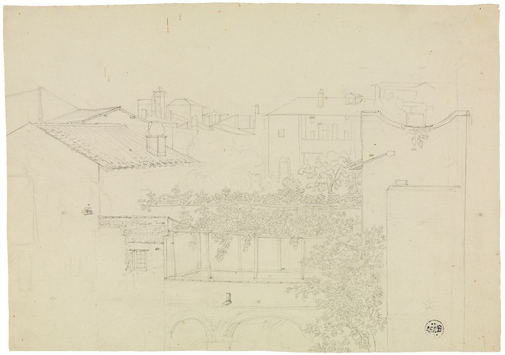 Friedrich Mosbrugger - Blick auf Hinterhäuser und eine Pergola in einer italienischen Stadt (Rom?)