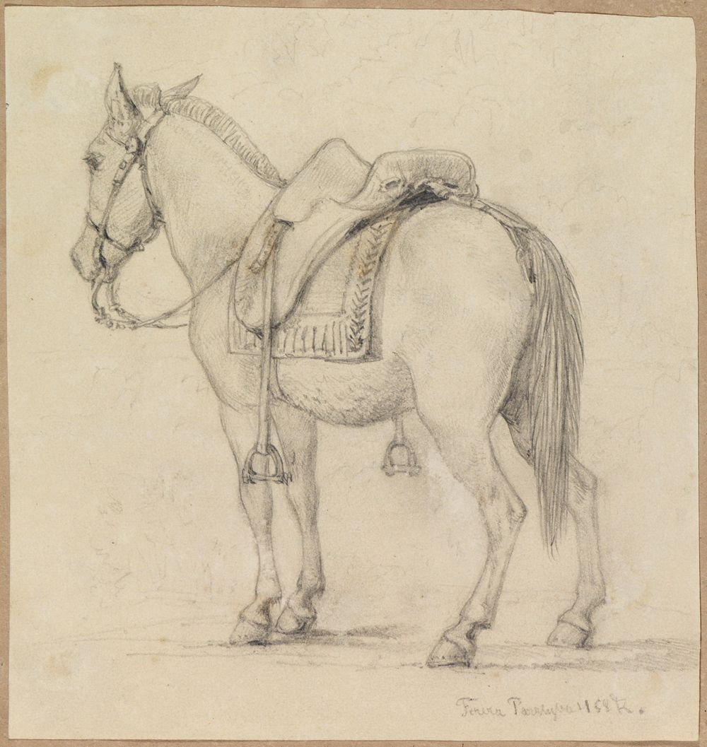 Ferdinand Keller - Studie gesatteltes Pferd, von hinten seitlich