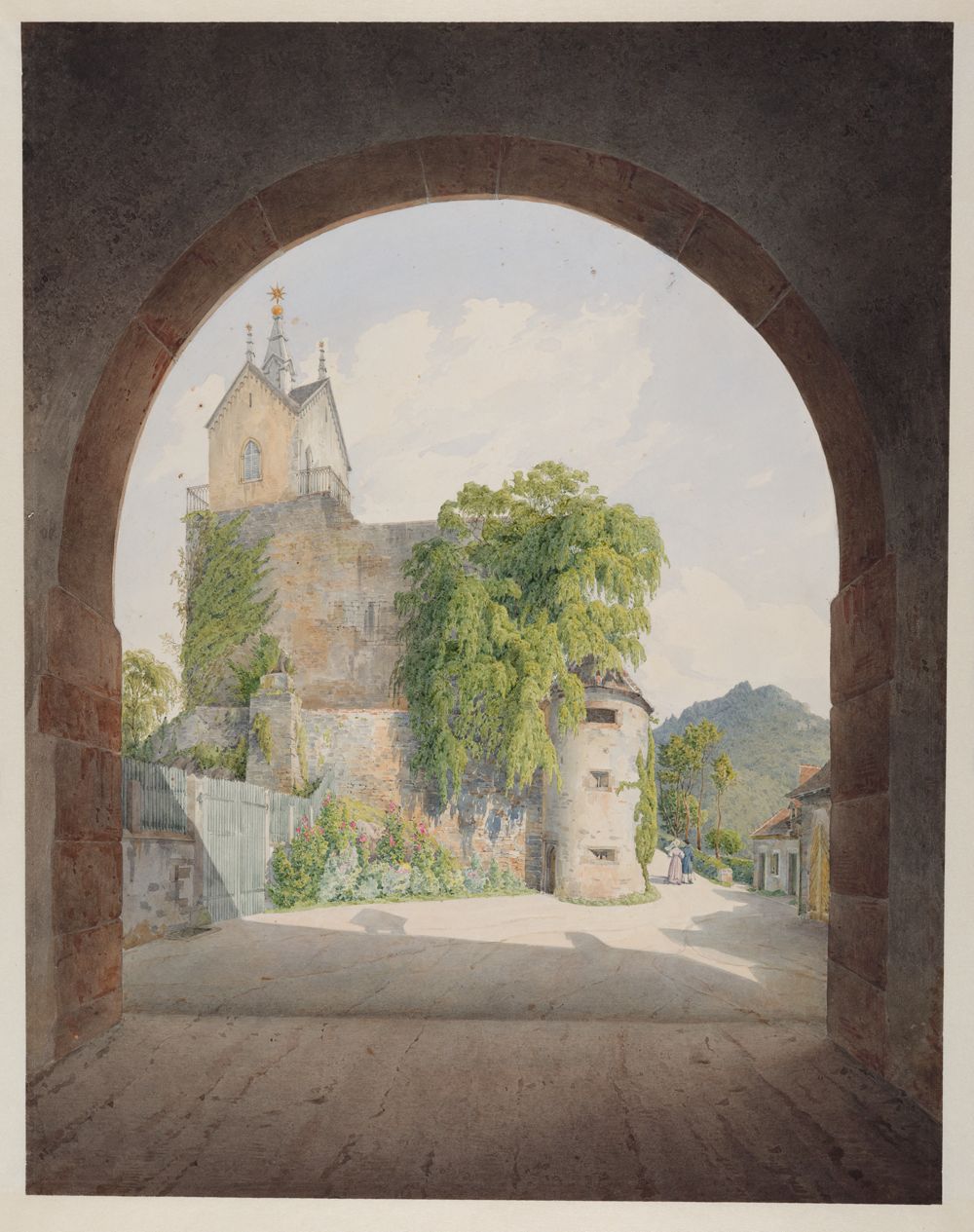 Carl Ludwig Frommel - Blick durch das äußere Torhaus auf Schloß Eberstein