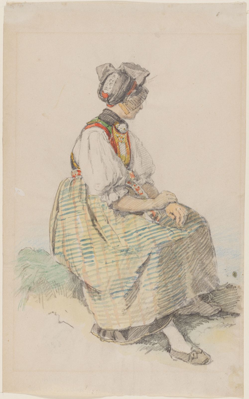 Johann Baptist Kirner - Im Freien sitzende junge Bäuerin in Schapbacher Tracht