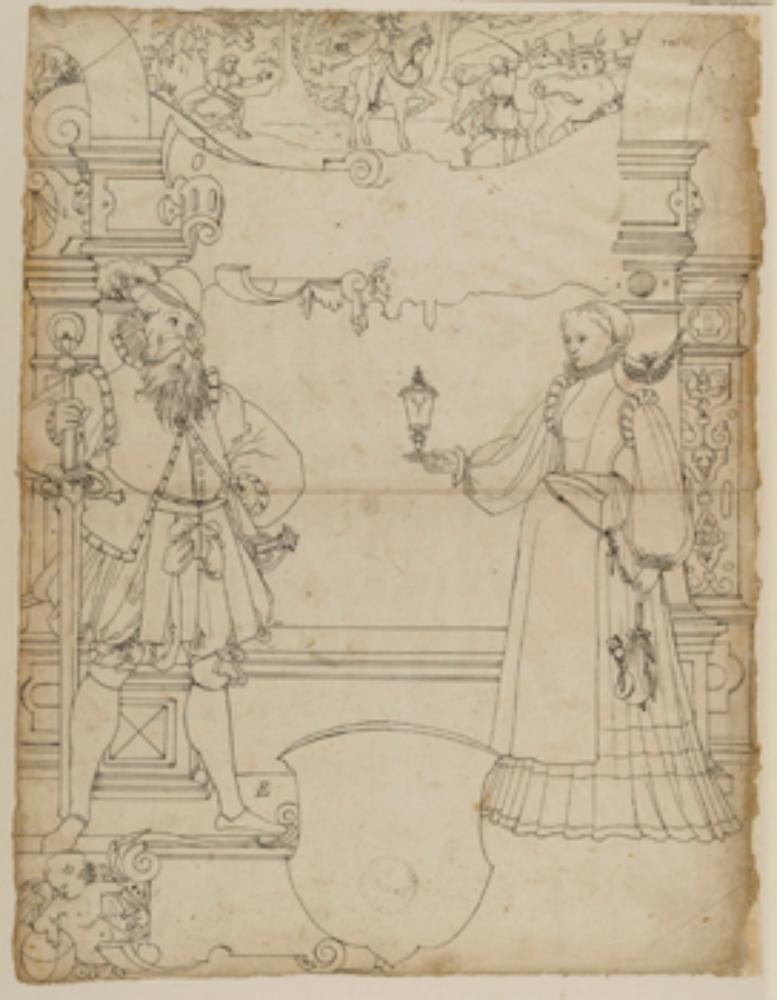 Bartholomäus Lingg - Riss mit Schwertträger und Bürgersfrau, darunter leerer Wappenschild, im Oberbild Abschied der Hirten