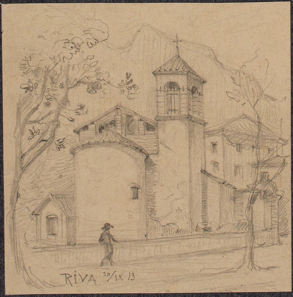 Josef Wilhelm Durm - Kirche neben einer baumbestandenen Straße in Riva am Gardasee