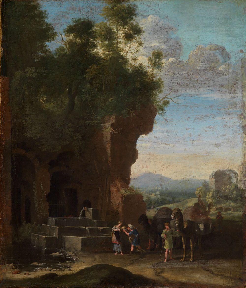 Herman van Swanevelt - Südliche Landschaft mit Rebekka und Elieser am Brunnen