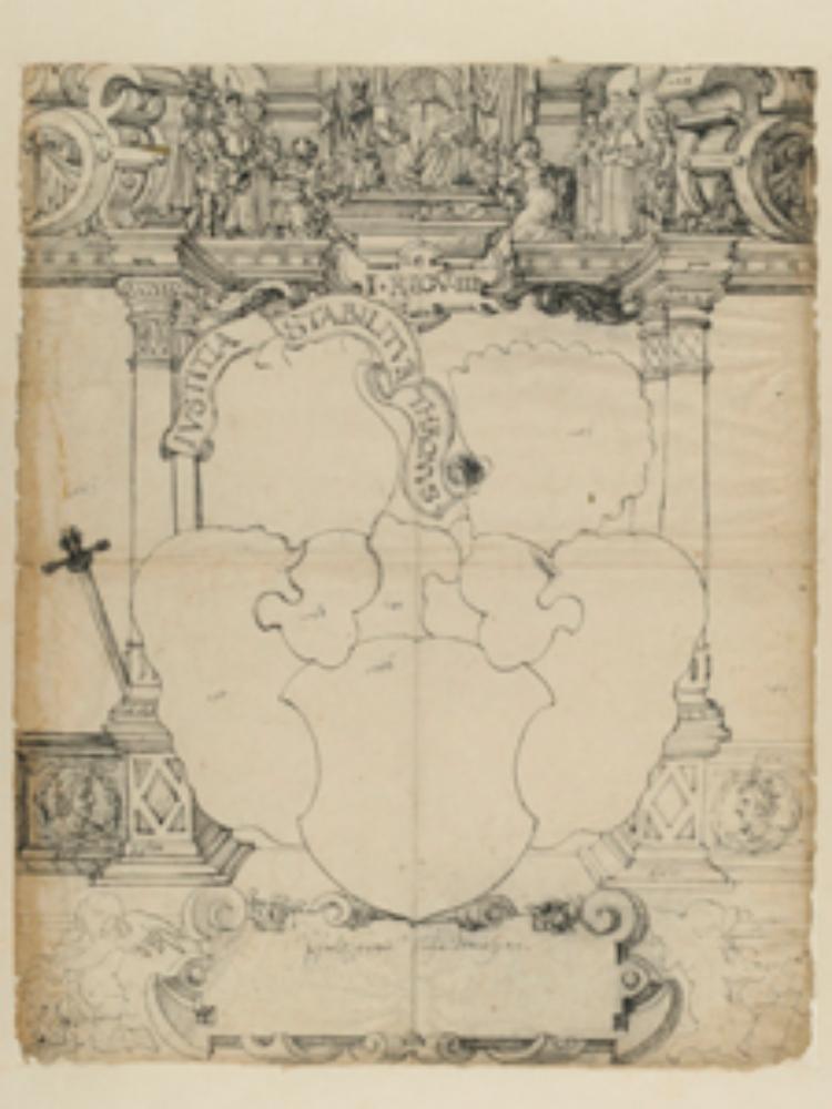 Straßburger Meister - Riss mit leerem Wappenschild, im Oberbild Urteil des Salomo