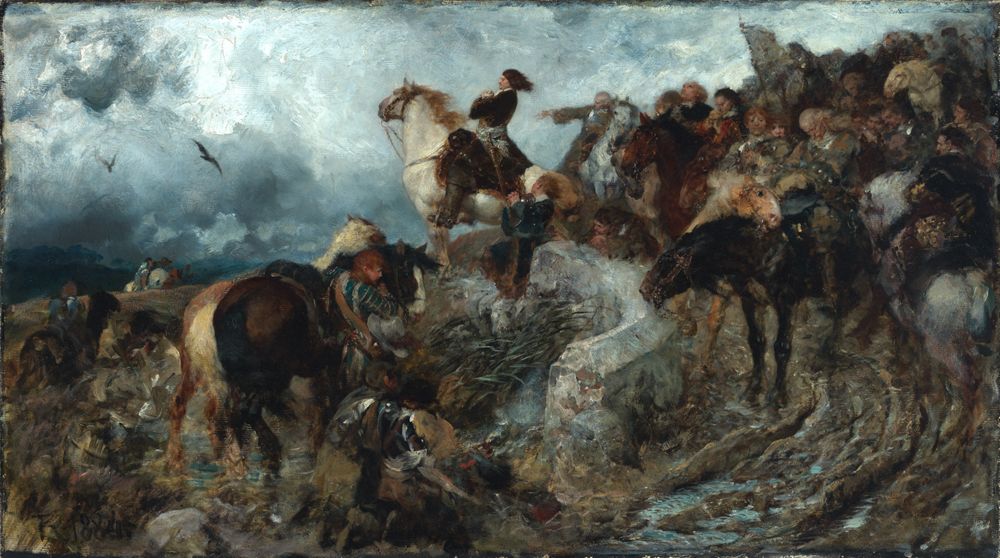 Ferdinand Keller zeigt eine dramatische Szene. In der Mitte steht der große Kurfürst, gekleidet in prächtiger Rüstung. Um ihn herum sind Soldaten und Pferde, die sich auf die Schlacht vorbereiten