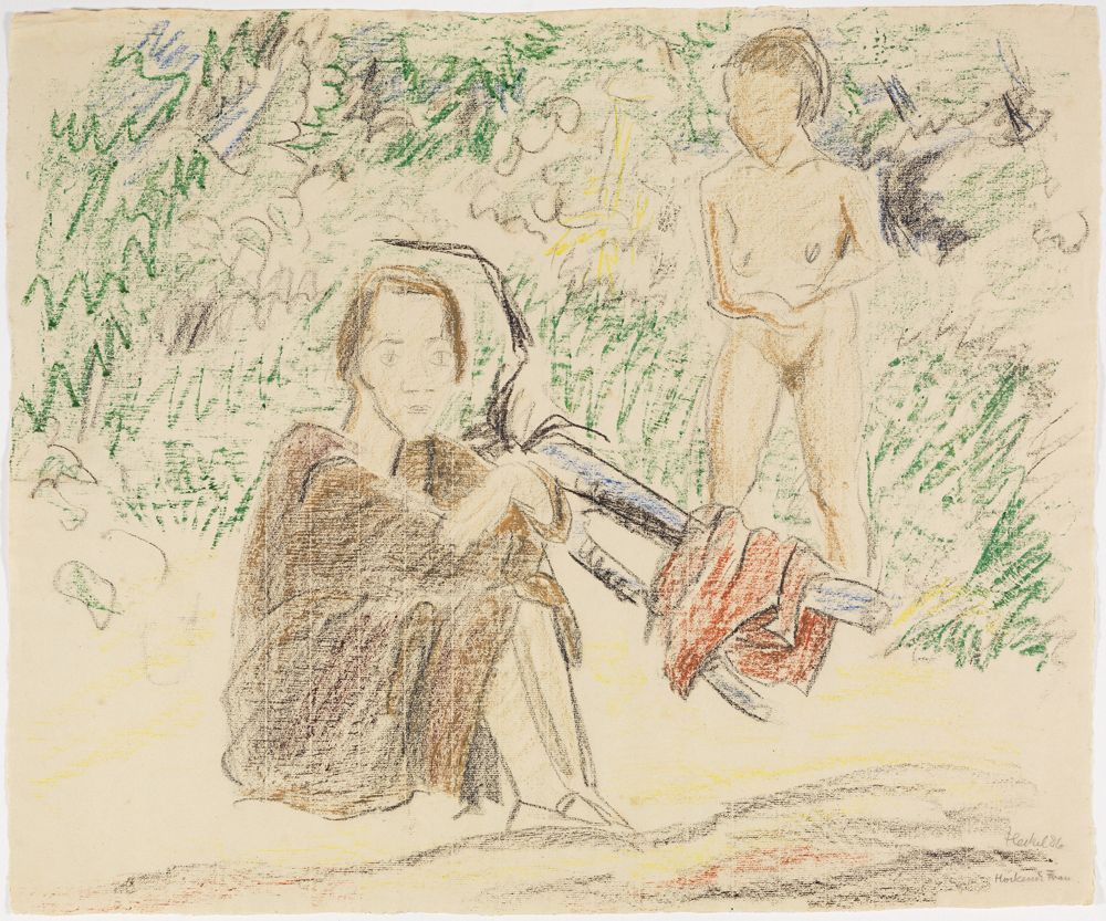Erich Heckel - Sitzende Frau und stehender Akt am Strand (Hockende Frau)