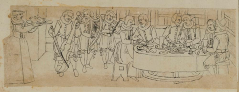 Anonym - Entwurf für ein Oberbild mit Tischgesellschaft und Musikanten