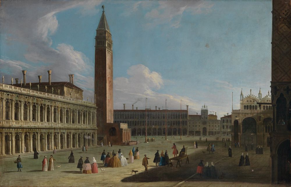 Canaletto (Nachahmer) - Blick von der Piazetta nach Norden auf Liberia, Campanile, Procuratie Vecchie, Torre dellOrologio und San Marco