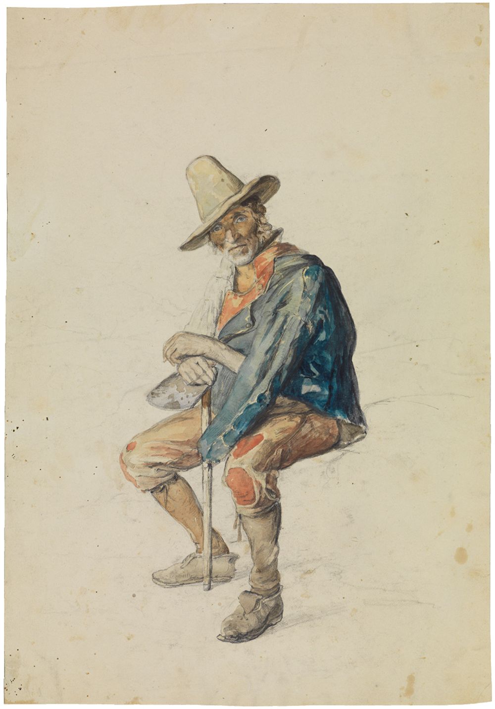 Johann Baptist Kirner - Sitzender älterer Italiener, beide Hände auf einen Stock gestützt, nach links gewendet