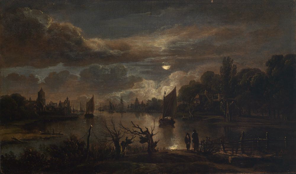 Aert van der Neer (1603) - Mondscheinlandschaft mit breitem Kanal